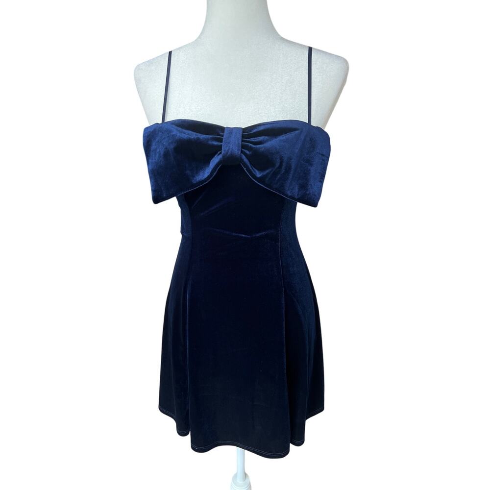 Emerald Sundae Blue Velveteen Bow Mini Dress Size S Stretch Fit and Flare 80s